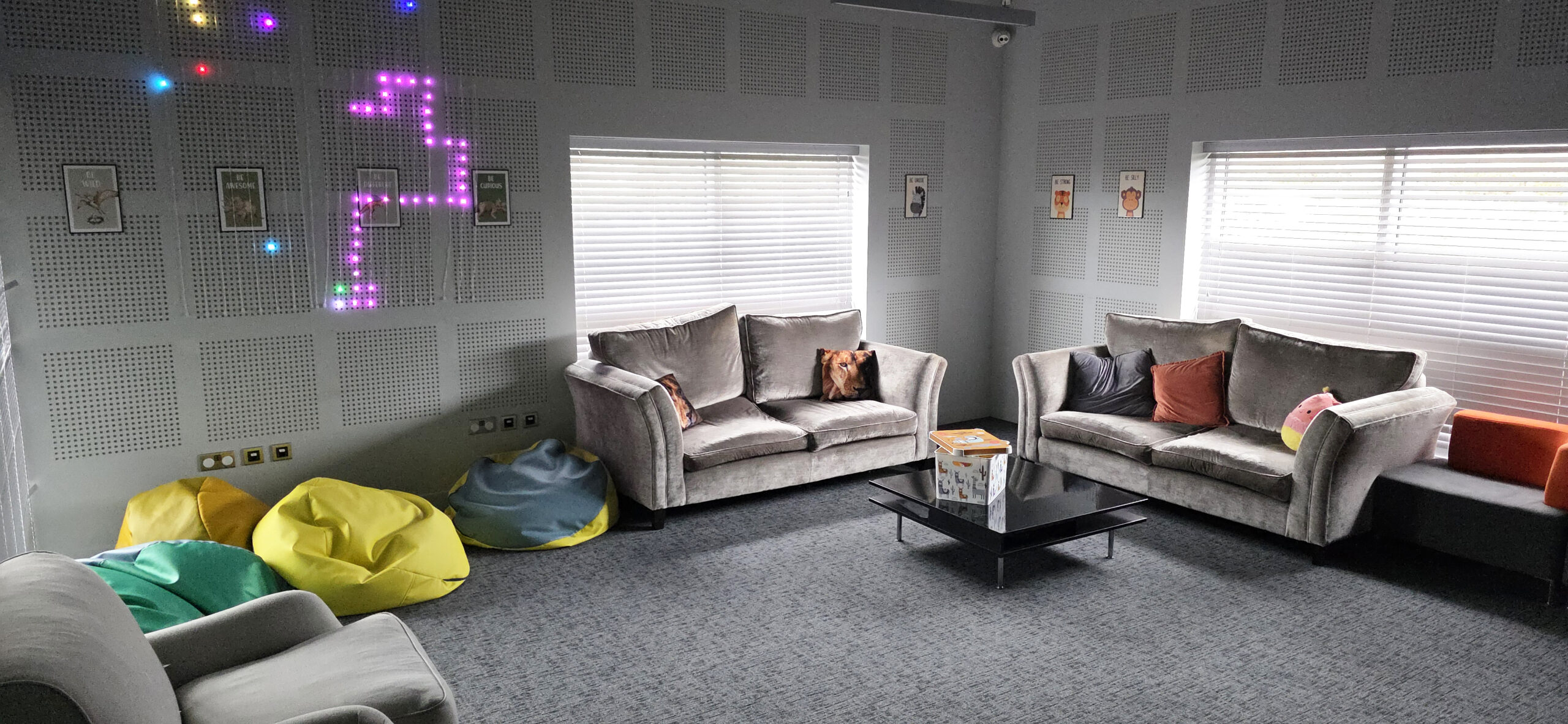 Sensory pods with reduced lighting in the quiet space